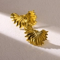 Macro detail of 18K gold-plated wing texture earrings on white textured fabric - Wing Fan Shape(E5415G)