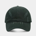 Detailed close-up of distressed cotton baseball cap showing heavy worn-out rip effects - Dark Green