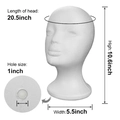 White foam mannequin head for wig and hat display with detailed size measurements - Foam Mannequin Head (YCSM003) / OPP Bag Packaging / White