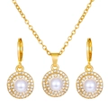 Elegant gold jewelry set featuring double zircon circles around pearls on white background - Gold Faux Pearl Rhinestone Style (9004)