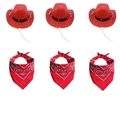 Three red western cowboy hats with matching paisley bandanas set for small pets - Red + Red Bandana