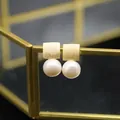 Vintage style drop earrings with square brushed gold studs and round white freshwater pearls - Square Frosted Earrings