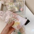 Pink and beige jacquard floral mini pouch with zipper for earbuds and lipstick storage - Birds and Flowers