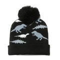 Kids black knit winter hat featuring blue dinosaur jacquard pattern and fluffy pompom top - Black