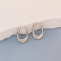 Detailed view of silver oval hoop earrings with spiral twisted texture for women - Silver Spiral Horseshoe