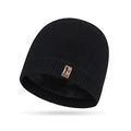 Warm black knitted beanie with soft thermal fleece lining and brown leather patch - One Size / Black