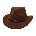 Brown faux suede western fedora hat featuring black ribbon and vintage silver metal buckles - J Peach Cow Style / Coffee (Three Silver Conchos)