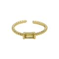 Adjustable golden twisted ring featuring a rectangular yellow gemstone centerpiece - November