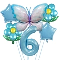 Blue butterfly and sunflower balloon set with light blue number 6 for 6th birthday decor - Number 6 / Holographic Blue