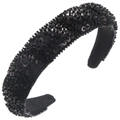 Close-up of handmade wide padded headband with black beads and shimmering sequins detail - Black