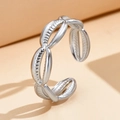 Adjustable stainless steel shell pattern open ring with bohemian beach ocean elements - J03132 / Silver