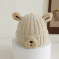 Detail of beige ribbed knit toddler hat featuring plush bear ears and stitched snout - 1-4 Years / Beige