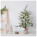 Mini-Weihnachtsbaum mit Flockschnee, Zapfen und LED-Leuchten in einem Jutesack-Sockel - Voll-PE Künstlicher Baum 65CM Höhe