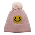 Détails du bonnet en maille rose avec motif smiley jaune et pompon moelleux décoratif - M(54-60cm) / Rose