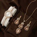 Elegant gold quartz watch set with rhinestones and champagne pear-shaped gems on silk - Rose Gold Waterdrop Jewelry Set