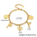 Gold plated stainless steel bracelet with Queen Elizabeth coins and letter P charms - Gold-Letter P