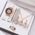 Detailed gift set view featuring white leather watch and teardrop jewelry with pavé crystals - 5-Piece Set (Waterdrop / No Box) / White Zirconia Set