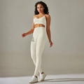 Creamy white seamless ribbed sports bra and high-waist yoga leggings fitness set - 6606 Camisole Bra + Pants Set - Milk White