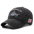 Casquette vintage délavée avec broderie requin en coton gris foncé avec drapeau US - Noir