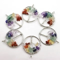 Set of six colorful Tree of Life pendants with natural chakra crystal stones and silver wire - 3cm Silver Round