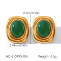 Detail view of vintage gold-plated earrings with green stone and dimension markings - Green Oval Gold Earrings (HC-E10990-GN)