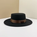Classic black flat top wool felt fedora hat featuring a brown grosgrain ribbon band - M (56-58cm) / Black (Coffee Ribbon)