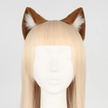 Brown and white faux fur fox ears headband displayed on a model for cosplay - Brown White