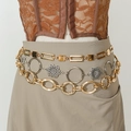 Multilayer metal waist chain belt with geometric squares and silver floral pendant - Three Metal Chains Combination