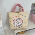 Cream canvas tote bag with pink straps and cute cartoon bird print for daily use - Little Bird (Beige)