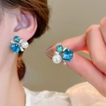Detail of blue crystal and pearl stud earring showing intricate silver-tone metal craftsmanship - 117# Silver Pin - Blue