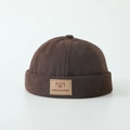 Dark brown striped knit miki hat for kids featuring a cute bear leather patch detail - 52cm (Recommended 2-5 Years) / Bear Label - Coffee