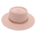 Pink French dome straw hat with decorative gold chain link band for summer sun protection - One Size / Flesh Pink (with Acrylic Chain Decor)