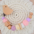 Pink and purple crochet bead pacifier clip with wooden bird and heart engraving - Single Bird Pacifier Chain