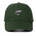 Detailed close-up showing the shark embroidery on this dark green cotton baseball cap - Adjustable / Army Green