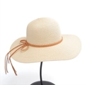 Women's wide brim straw sun hat with braided brown cord and bow for beach UV protection - M(56-58cm) / Beige