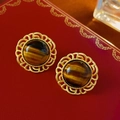 Macro shot of vintage gold earrings with tiger eye stone on a textured red gift box - 41# Gold Matte Tiger Eye Stone Plate (Silver Earring Post)