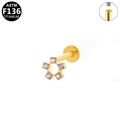 F136 titanium gold labret stud featuring a five-petal white zircon flower with internal thread - Five-Petal Flower / Gold
