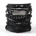 Close-up of multilayer black leather bracelet set with a detailed silver wing charm - Style 12/Black Leather Woven Cord Wood Beads Metal Wing Bracelet