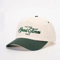 Dettaglio del ricamo 3D Let The Good Times Roll su berretto da baseball bicolore retrò - Taglia unica / Crema/Verde Scuro