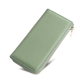 Long leather wallet for women in pale green with pebble texture and gold zipper closure - Light Green