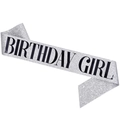 Sparkling silver glitter Birthday Girl sash with bold black lettering for party outfits - Silver Birthday Girl Sash