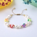 Handmade rainbow fruit bead bracelet with freshwater pearls and adjustable woven strap - Fruit Pearl Rope