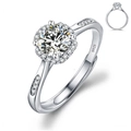 Adjustable S925 sterling silver ring with halo round moissanite and side stones - Adjustable Open / Floral Classic Halo Style (1 Carat Effect)