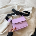 Purple faux leather flap square bag with adjustable black wide woven shoulder strap - Violet