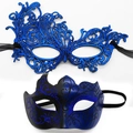 Men's masquerade set featuring blue lace eye mask and glitter painted half-face mask - Phoenix Style-Blue Set