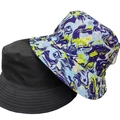 Reversible bucket hat featuring solid black color and vibrant abstract blue tie-dye pattern - 27 (Blue Yellow Purple Marble + Black)