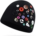 Bonnet en tricot côtelé noir avec boutons colorés assortis style rétro DIY chic - Taille Unique(58-61cm) / Noir