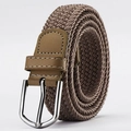 Braided elastic stretch canvas belt in brown with faux leather trim and silver metal buckle - Khaki