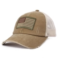 Distressed khaki baseball cap with American flag patch and breathable white mesh back - Adjustable / Khaki