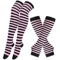 Pink and black striped over-knee socks and fingerless long gloves cosplay knit set - One Size / Pink Black Stripe